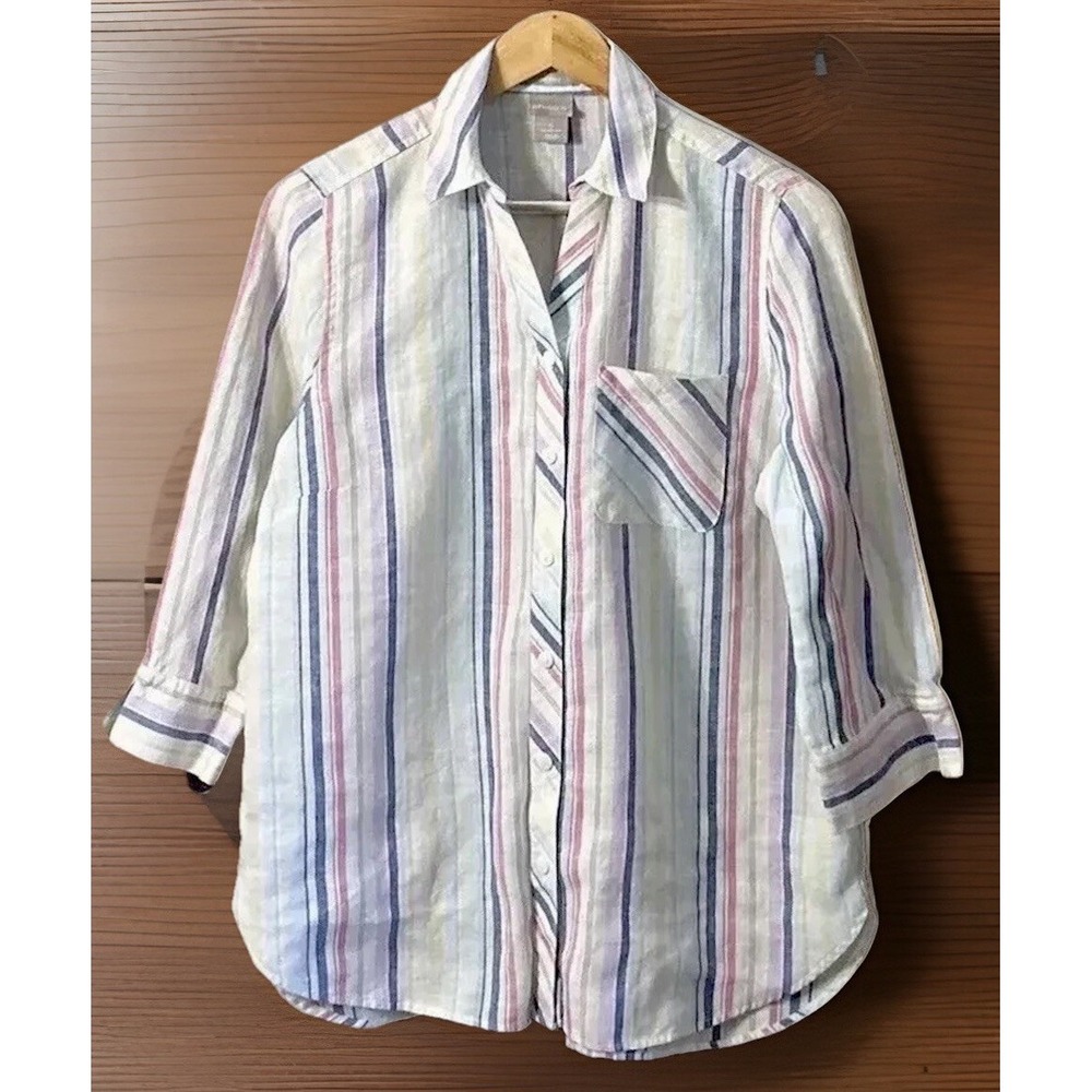 Chico's No Iron 💯% Linen Striped 3/4 sleeve Button Down Shrit top Sz‎ 4/6 (0)